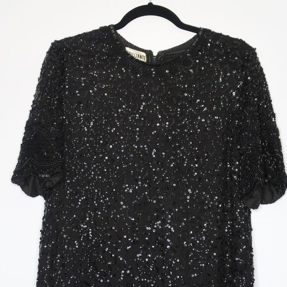 Brilliante by J.A. VINTAGE Dress Size Large 100% Silk Black Shift Sequins Beads - Picture 7 of 10